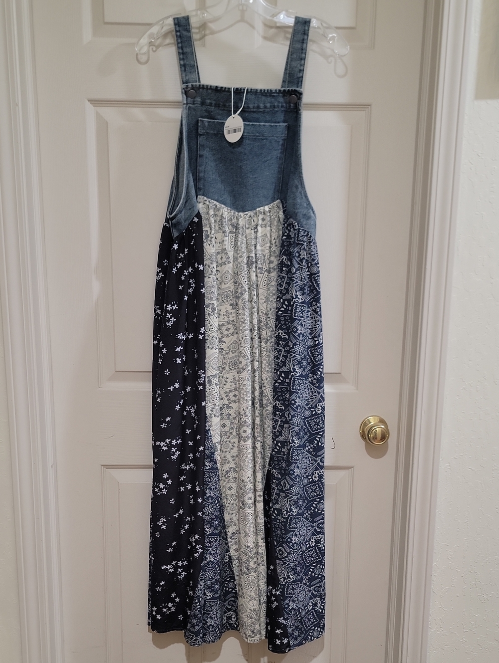 Denim Bib Patchwork Maxi Dress in Mixed Blue Prints